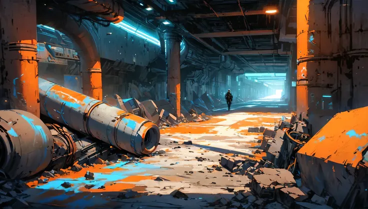 Create a Cyberpunk middle-aged man with a pale face and long dark hair who walks quickly in the foreground with his head up. A chain with a pendant hangs on his chest. He has shoes on his feet. Scene: Sci-fi futuristic scene, long old damaged subway tunel ...