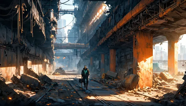 Create a Cyberpunk middle-aged man with a pale face and long dark hair who walks quickly in the foreground with his head up. A chain with a pendant hangs on his chest. He has shoes on his feet. Scene: Sci-fi futuristic scene, long old damaged subway tunel ...