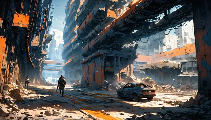 Create a Cyberpunk middle-aged man with a pale face and long dark hair who walks quickly in the foreground with his head up. A chain with a pendant hangs on his chest. He has shoes on his feet. Scene: Sci-fi futuristic scene, long old damaged subway tunel ...