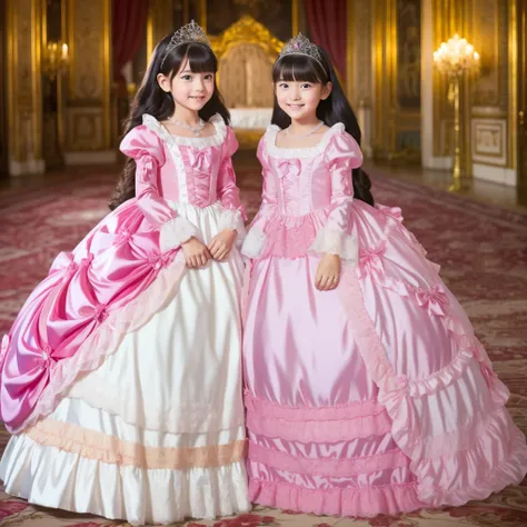((Distant view,Full Body:1.0)),Highest Quality, masterpiece, highest resolution, art work, super それにget used to it, many get used to it, get used to it, それにget used to it, 3k photos,,3 Princesses, ((Kid's Princess Dress Ad,pink fashion brand logo:1.2)),Pri...