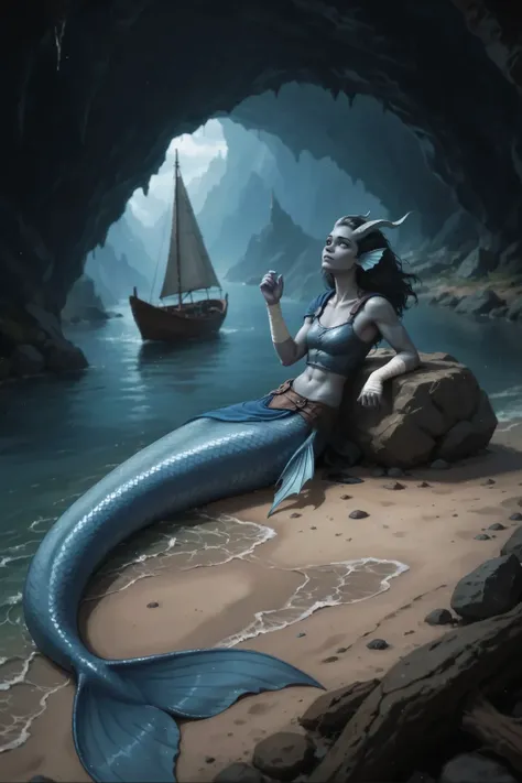 The view from above is very far away, from behind the cave vaults, leaning on a huge black stone next to a dark wood on the beach waist-deep in clear water, stretched out with the whole fish body, lies with his back and turns over Kedra's shoulder, young w...