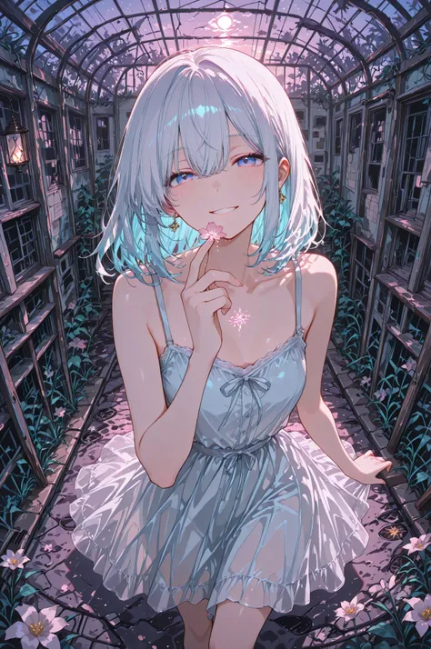 high quality, masterpiece, ultra-detailed, anime illustration, Post-apocalyptic ruined greenhouse under glass panels, a hand overgrown with bright flora (Flowers glow unnaturally, top view, The cheerful gardener, female character, girl, lies in colors, lie...