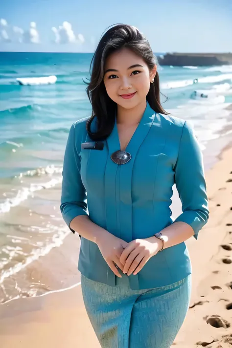 1girl, solo, standing, at the beach, beautifully ocean scenery, cute little smirk, detailed eyes, thick medium breasts, smooth realistic skin, wearing flight attendant uniform, looking at the audience, (Overhead shot:1.3), (zoom out:1.4), (8k, RAW photo, ...