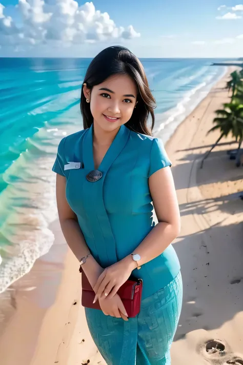 1girl, solo, standing, at the beach, detailed airport scenery, cute little smirk, detailed eyes, thick medium breasts, smooth realistic skin, wearing flight attendant uniform, looking at the audience, (Overhead shot:1.3), (zoom out:1.4), (8k, RAW photo, be...