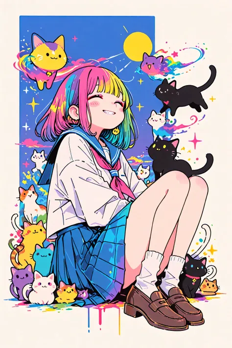 school uniform,bangs,,cute,748cm style,A cute girl, whimsical tornado in sailor uniform, pleated skirt and brown loafers , heroic pose. A Capricious tornado made of colorful cats, lots of cats that eat ru、 teeth、lift lots of items and lift them up in the a...