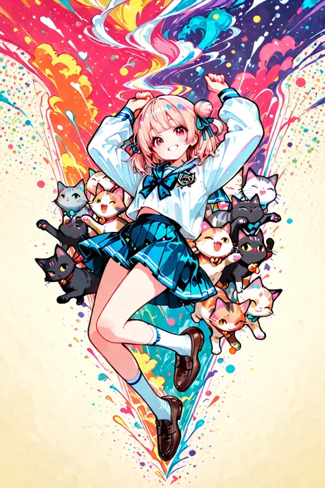 school uniform,bangs,,cute,748cm style,A cute girl, whimsical tornado in sailor uniform, pleated skirt and brown loafers , heroic pose. A Capricious tornado made of colorful cats, lots of cats that eat ru、 teeth、lift lots of items and lift them up in the a...