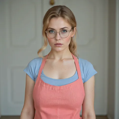 A realistic, high resolution photograph of a beautiful European woman in her 30's; full body frontal view facing the camera with her arms at her sides looking at the camera. There is extra space in the photo above her head. She has a lithe, hourglass, fa...