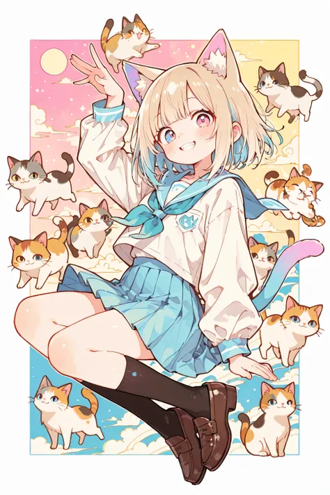 school uniform,bangs,,cute,748cm style,A cute girl, whimsical tornado in sailor uniform, pleated skirt and brown loafers , heroic pose. A Capricious tornado made of colorful cats, lots of cats that eat ru、 teeth、lift lots of items and lift them up in the a...