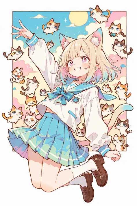 school uniform,bangs,,cute,748cm style,A cute girl, whimsical tornado in sailor uniform, pleated skirt and brown loafers , heroic pose. A Capricious tornado made of colorful cats, lots of cats that eat ru、 teeth、lift lots of items and lift them up in the a...