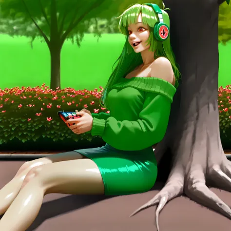 Vannamelon, realistic, a girl, sitting on the floor, long hair, small waist, red eyes, beautiful, good body, off-shoulder sweater, green sweater, pencil skirt, green skirt, sweater over the skirt, green-haired, happy, playing video games, portable console,...