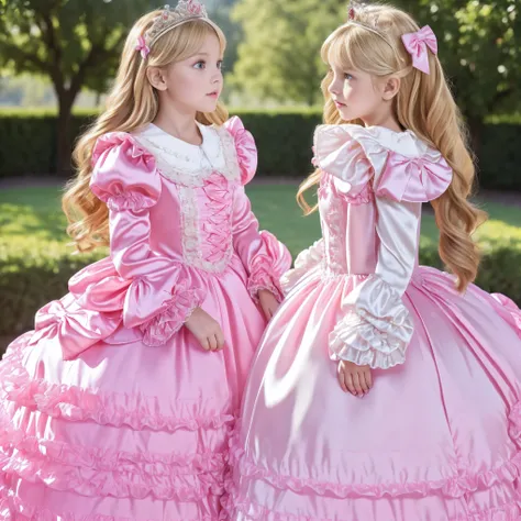 ,Highest Quality, masterpiece, highest resolution, Artwork, super それにget used to it, many get used to it, get used to it, それにget used to it, 3k photos,((( 10 year old girl,European,blonde long hair:1.0)),The three are princesses,long ball gown dress with h...