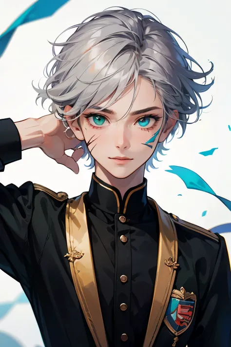 High resolution masterpiece, Excellent, ultra realistic quality, best proportions, ultra realista, ultra photographic, boy , gray hair with white tufts , Hair with marked afro-style laughs, short hair , heterochromia eyes green and blue eye, black school ...