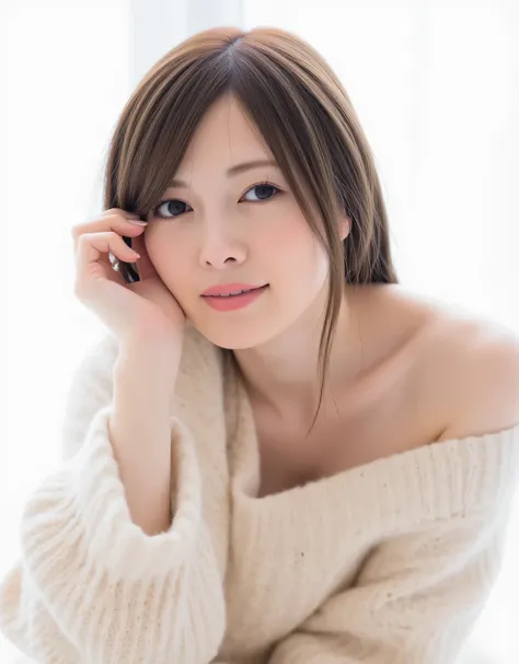 raw photo, reality, ((Staring)), ((Focus on the face)), ((close-up)), front view, Japanese Woman, Smile Yan, ((long hair, dark brown hair color, straight hair)), off shoulder, unedited, live-action, Authentic, cute young girls , Beautifully Reflective Eye...