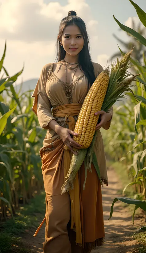 Ancient prehistoric age era,
(Stone civilization age era:1.6),
((Realistic cinematography ultra-wide depth intense stunning lots of realistically ultra-detailed corns plantation farm angle of scenery)),,the detailed of an aztec female farmer holding and...