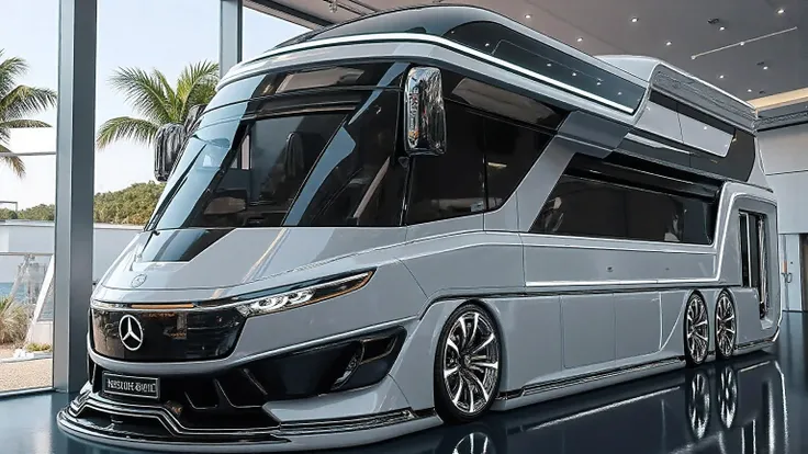 DE_style, An ultra-realistic render of a futuristic luxury motorhome concept displayed in a modern indoor showroom with reflective polished flooring, spotlights on the ceiling, and large glass windows revealing a bright outdoor beach view with palm trees. ...