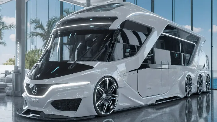 DE_style, An ultra-realistic render of a futuristic luxury motorhome concept displayed in a modern indoor showroom with reflective polished flooring, spotlights on the ceiling, and large glass windows revealing a bright outdoor beach view with palm trees. ...