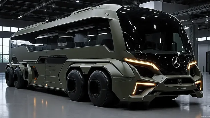 DE_style, A photorealistic 3D render of a futuristic armored-style luxury motorhome concept, designed with a bold, angular, and military-inspired aesthetic. The vehicle is matte metallic dark gray with sharp, geometric body lines and a commanding presence....