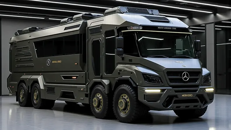 armored vehicle,A photorealistic 3D render of a futuristic armored-style luxury motorhome concept, designed with a bold, angular, and military-inspired aesthetic. The vehicle is matte metallic dark gray with sharp, geometric body lines and a commanding pre...