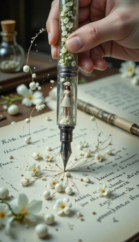 macro photography, a transparent 3d fountain pen with tiny lilies of the valley inside in a person's hand, flowing in intricate thin threads from the tip of the pen, a 3d projection of a long train of a dress, an image of a beautiful miniature romantic wom...