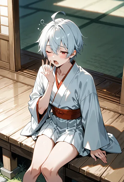 score_9, score_8_up, score_7_up, source_anime, masterpiece,
1boy, solo, ((femboy)), ((feminine male)), ((Ahoge)), White very-short hair, red eyes,(((white miniskirt kimono:1.2))),
sleepy, one eye closed, yawn, open mouth, blush, 5 fingers
BREAK ((sitting o...