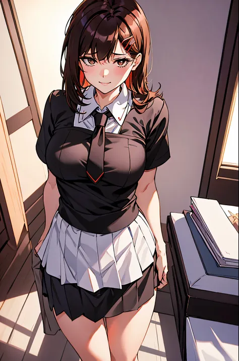 tmasterpiece,best qualtiy,ultra - detailed,illustratio,epic lighting,Cinematic compositions,isometry,1girll,独奏,adolable,with brown eye,black colored hair,sweeping bangs,Single hair,red hairclip,Blouse with white collar,black necktie,a black skirt,Formal,a ...