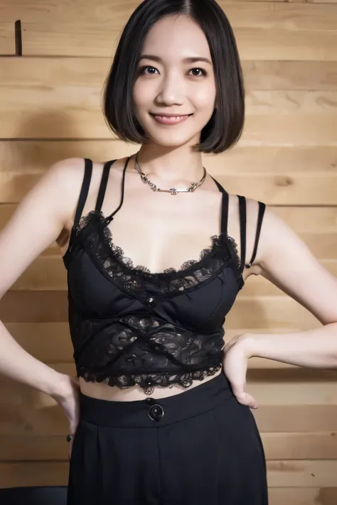 one girl,Detailed hand,Perfect hand,((smile,rejoicing)),asianpussy1,medium breasts,photorealistic,8k raw photo,high res,omotoayano,slim body,short black hair, ((lacelimitation:1.3)) ,((realistic hairy vagina:1.2)),front view,erect nipples,(hands on hip:1.3...