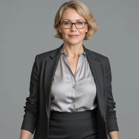 A realistic, high resolution photograph of a beautiful middle aged European woman in her 60's; full body frontal view facing the camera with her arms at her sides looking at the camera. There is extra space in the photo above her head. She has a lithe, a...