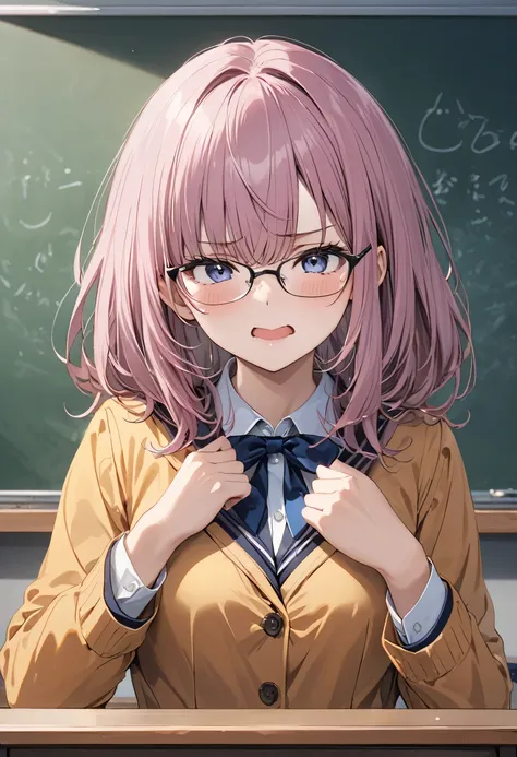 Best Quality, Masterpiece, high resolution,  school teacher 、Hands on podium、 Angry Face、visible chest、Beautiful Face、 cute face color 、wearing glasses、. The background is a classroom