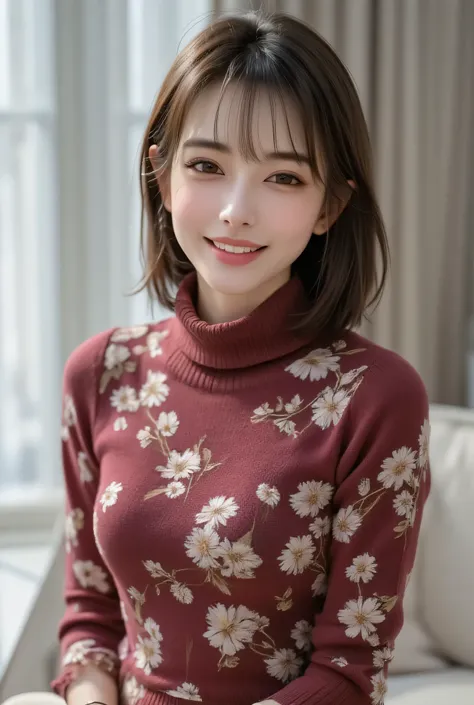 A beautiful sophisticated Japanese woman in her 40s, wrapped in a floral wine red turtleneck knit with cashmere-like softness. The premium knit fabric elegantly embraces her voluptuous yet refined bust, creating smooth curves from the stylish high neck to ...