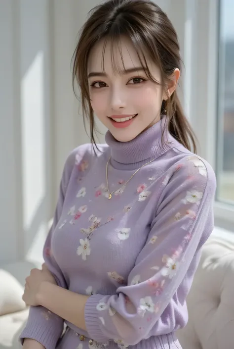 A beautiful sophisticated Japanese woman in her 40s, wrapped in a floral purple turtleneck knit with cashmere-like softness. The premium knit fabric elegantly embraces her voluptuous yet refined bust, creating smooth curves from the stylish high neck to th...