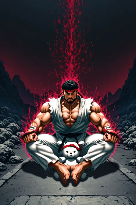 1boy,1Plush Toy ... ((Red dark aura on Ryu's body)).closed eyes,Street fighter Ryu is sitting zazen. practicing Zen meditation.,. A stuffed animal is placed on a man's leg.The atmosphere is austere,Ryu,. Beard.  black hair,Ragged white karate uniform. A tr...