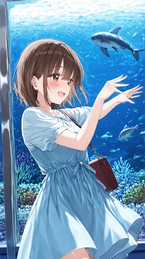 characters, 1girl, solo, kano_chinatsu, brown hair, brown eyes, haircrip, blush, blue dress, short sleeves, handbag, ,situations, in Aquarium, ,pose,smile, cowboy shot, ,/LoRA, beautiful_female_fingers,