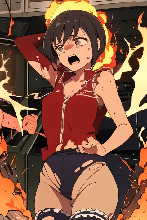 cockpit_explosion, fire, electricity, screaming, explosion, science fiction, wide-eyed, tearing clothes, standing, blood, scared, sweat, crying, mecha, torn clothes, tears, cockpit,1girl、wearing black gymnastics bloomers,high leg,white blouse,cowboy shot,s...