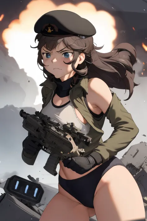 masterpiece , best quality, highres ,1girl,black long hair ,Angry  face , beret, blue eyes, black gymnastics bloomers,high leg,self wedgie , flat chest , sleeveless,Victorian blouse,  gloves, ultra detailed , Standing, (masterpiece, best quality, anime sty...