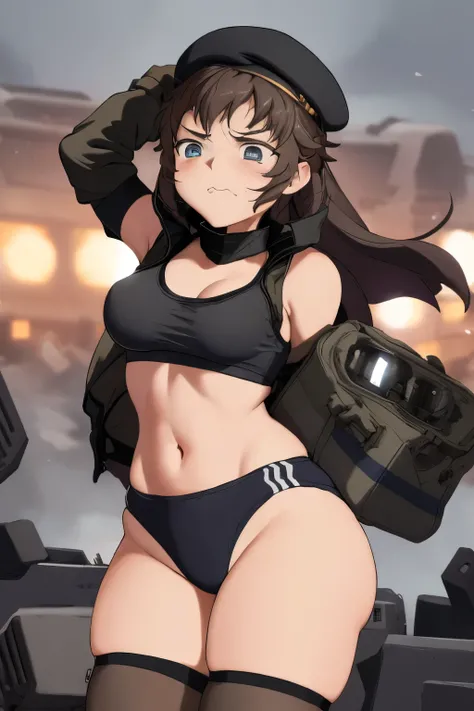 masterpiece , best quality, highres ,1girl,black long hair ,Angry  face , beret, blue eyes, black gymnastics bloomers,high leg,self wedgie , flat chest , sleeveless,Victorian blouse,  gloves, ultra detailed , Standing, (masterpiece, best quality, anime sty...