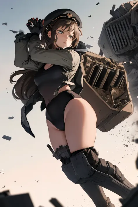 masterpiece , best quality, highres ,1girl,black long hair ,Angry  face , beret, blue eyes, black gymnastics bloomers,high leg,self wedgie , flat chest , sleeveless,Victorian blouse,  gloves, ultra detailed , Standing, (masterpiece, best quality, anime sty...