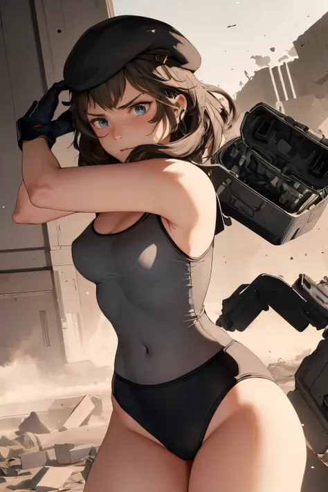 masterpiece , best quality, highres ,1girl,black long hair ,Angry  face , beret, blue eyes, black gymnastics bloomers,high leg,self wedgie , flat chest , sleeveless,Victorian blouse,  gloves, ultra detailed , Standing, (masterpiece, best quality, anime sty...