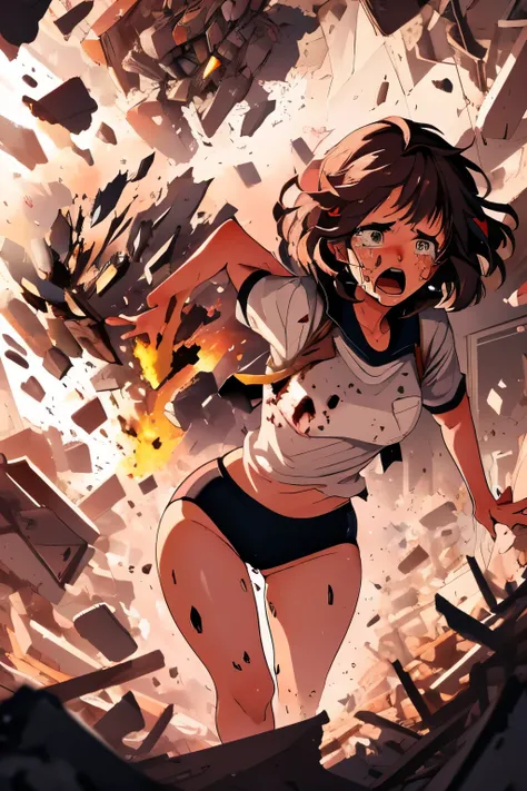cockpit_explosion, fire, electricity, screaming, explosion, science fiction, wide-eyed, tearing clothes, standing, blood, scared, sweat, crying, mecha, torn clothes, tears, cockpit,1girl、wearing black gymnastics bloomers,high leg,white blouse,cowboy shot,s...