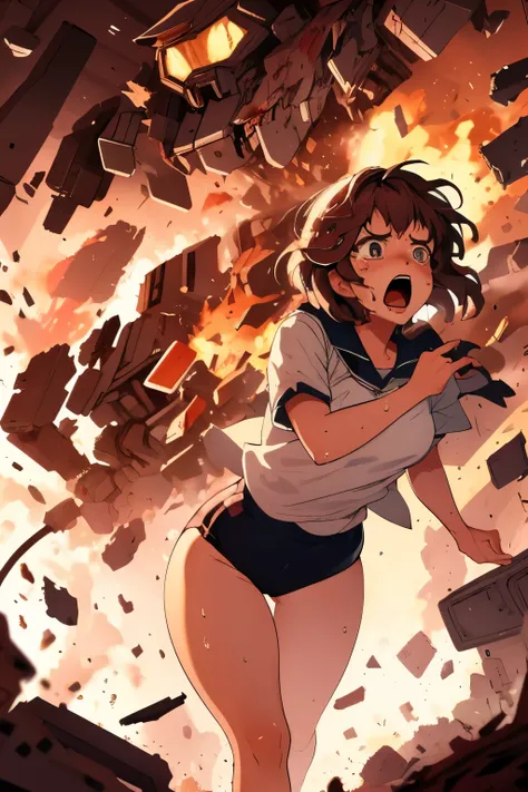cockpit_explosion, fire, electricity, screaming, explosion, science fiction, wide-eyed, tearing clothes, standing, blood, scared, sweat, crying, mecha, torn clothes, tears, cockpit,1girl、wearing black gymnastics bloomers,high leg,white blouse,cowboy shot,s...