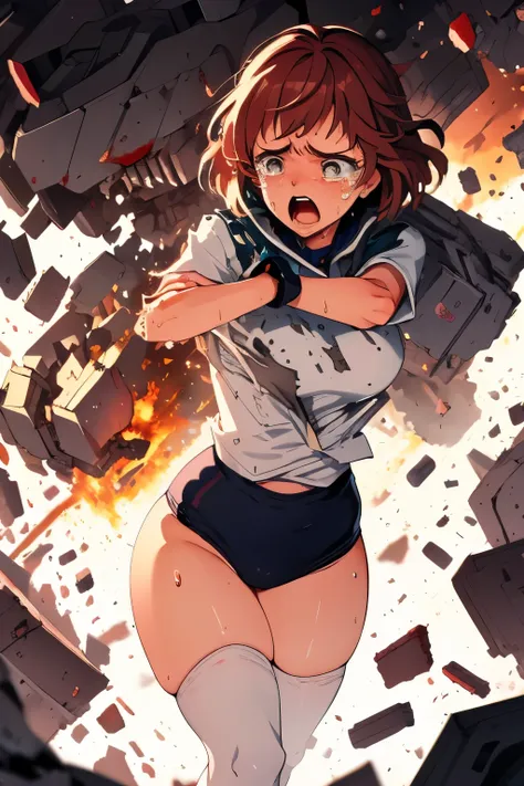 cockpit_explosion, fire, electricity, screaming, explosion, science fiction, wide-eyed, tearing clothes, standing, blood, scared, sweat, crying, mecha, torn clothes, tears, cockpit,1girl、wearing black gymnastics bloomers,high leg,white blouse,cowboy shot,s...