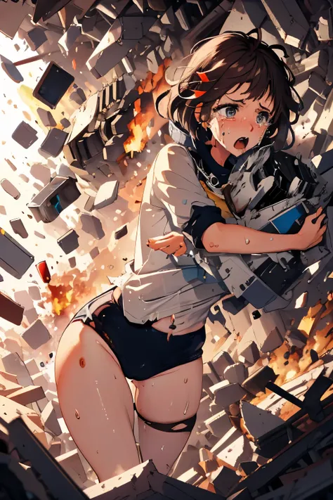 cockpit_explosion, fire, electricity, screaming, explosion, science fiction, wide-eyed, tearing clothes, standing, blood, scared, sweat, crying, mecha, torn clothes, tears, cockpit,1girl、wearing black gymnastics bloomers,high leg,white blouse,cowboy shot,s...