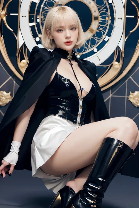 1girl, solo, short platinum blonde hair with aristocratic swept bangs, sharp golden eyes, confident smirk, black silk top hat with silver rose, white dress shirt with detailed collar, black tailcoat with silver filigree buttons, amethyst cravat pin, ((shor...