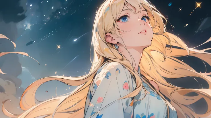Looking Up at the Night Sky、profile、Blonde woman、summer night、 Midnight 、Blond woman with blue eyes and eyes、4K high resolution、Ultra Fine、Vivid Colors、Realistic、HDR、UHD、studio lighting、super fine painting、sharp focus、physical based rendering、Extreme Detai...