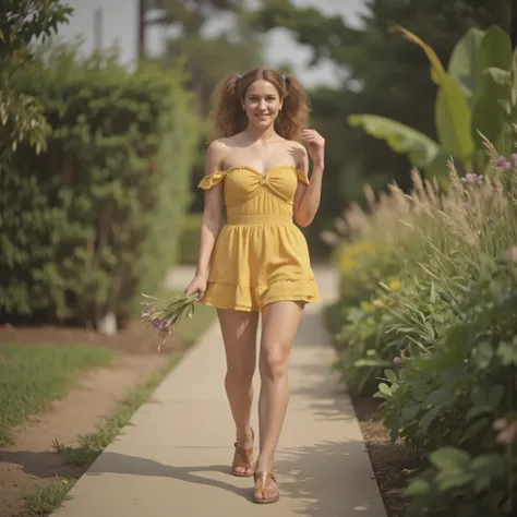 (1 girl solo with golden blonde hair in high fluffy shoulder-length spiral twin tails 1) (carries 1 bouquet of wild flowers 1)(strolling in the garden 1)(Cynthia Brody 1) (German Swiss ancestry 1) 158.75cm tall 56.6kg mass, age 23(angelic-beauty sexy cutie...