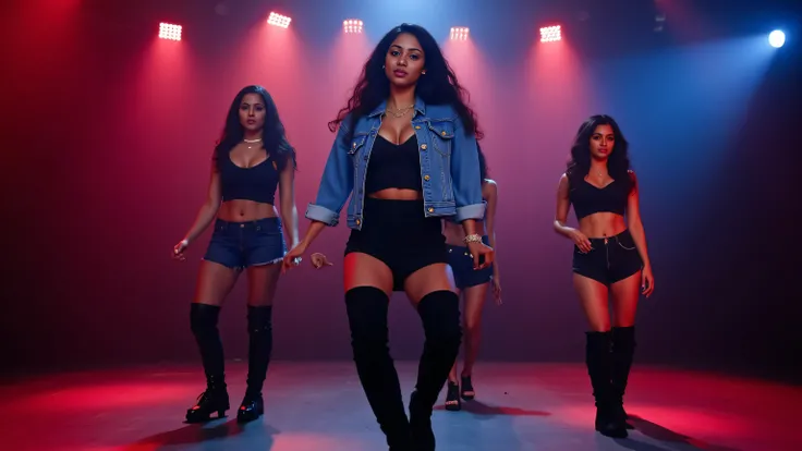realistic, ultradetailed, 4k, A dynamic group dance scene unfolds, featuring four women positioned in a bold, front-facing pose. The central figure is dressed in a casual blue denim shirt layered over a black top, paired with high, black knee-length boots,...