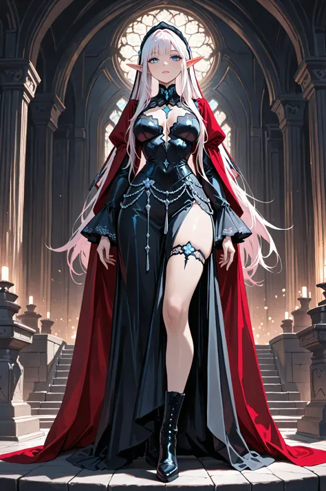 aidmaMJ6.1,femillustration,portrait of an elf maiden serving in a cyber futuristic elf temple (Masterpiece, best quality), ultra feminine, with a long curvy hair, light color hair, blue eyes, ((beautiful delicate face)), Ultra Detailed Face, red cloak, wea...