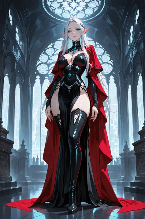 aidmaMJ6.1,femillustration,portrait of an elf maiden serving in a cyber futuristic elf temple (Masterpiece, best quality), ultra feminine, with a long curvy hair, light color hair, blue eyes, ((beautiful delicate face)), Ultra Detailed Face, red cloak, wea...