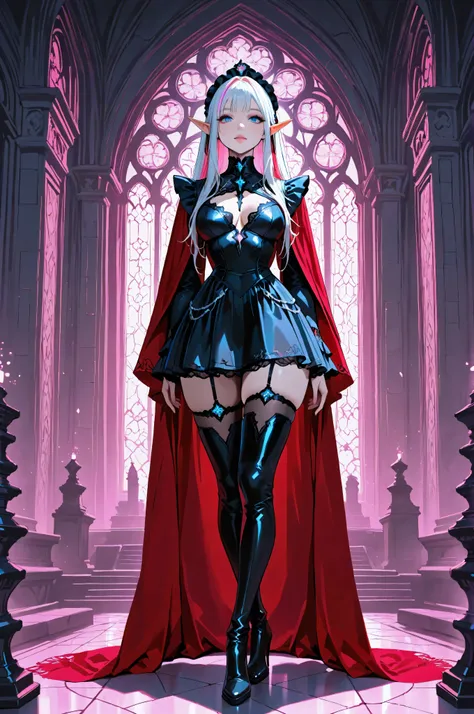 aidmaMJ6.1,femillustration,portrait of an elf maiden serving in a cyber futuristic elf temple (Masterpiece, best quality), ultra feminine, with a long curvy hair, bright color hair, blue eyes, ((beautiful delicate face)), Ultra Detailed Face, red cloak, we...