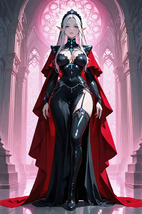 aidmaMJ6.1,femillustration,portrait of an elf maiden serving in a cyber futuristic elf temple (Masterpiece, best quality), ultra feminine, with a long curvy hair, light color hair, blue eyes, ((beautiful delicate face)), Ultra Detailed Face, red cloak, wea...