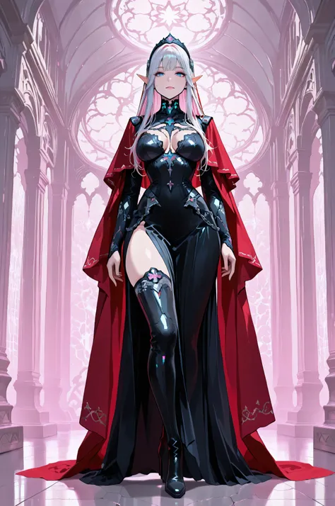 aidmaMJ6.1,femillustration,portrait of an elf maiden serving in a cyber futuristic elf temple (Masterpiece, best quality), ultra feminine, with a long curvy hair, light color hair, blue eyes, ((beautiful delicate face)), Ultra Detailed Face, red cloak, wea...